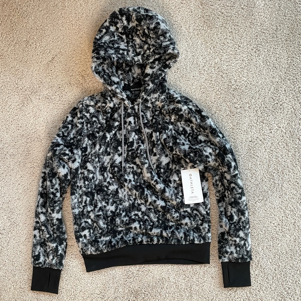 Athleta Tugga Sherpa Fuzzy Black White Gray Long Sleeve Hoodie Pullover Size XS - Picture 14 of 15